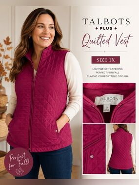 Talbots Plus 1X Quilted Vest Magenta Pink Full Zip Lightweight Fall Layer